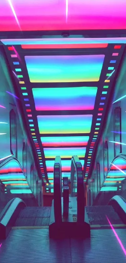 Neon-lit escalator with futuristic glow and vibrant colors.