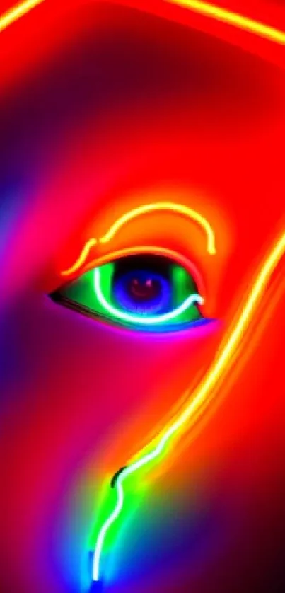 Vibrant neon eye with red and colorful hues.