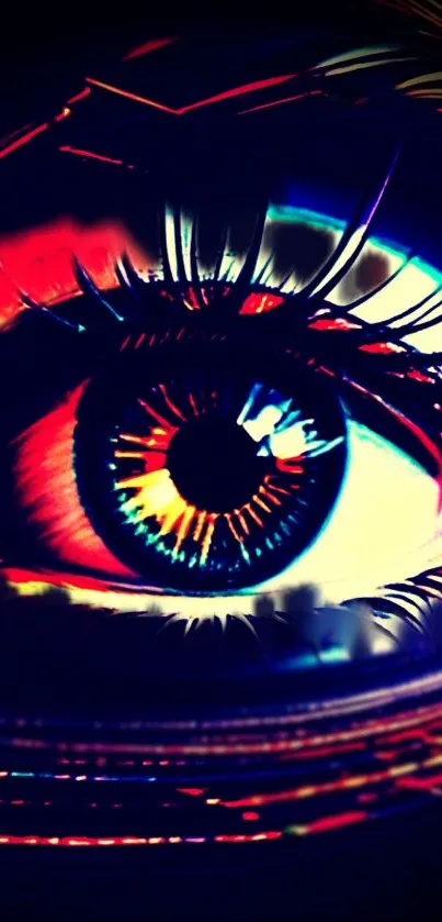 Vibrant neon eye artwork on dark background with colorful details.