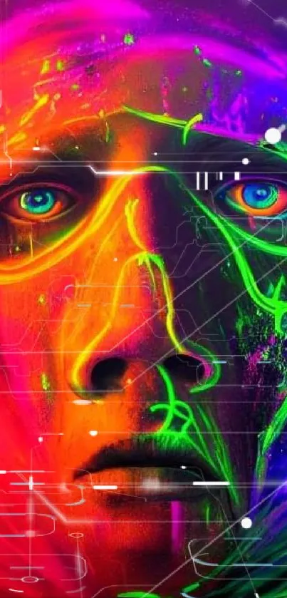 Vibrant neon face art with colorful splashes and abstract features.