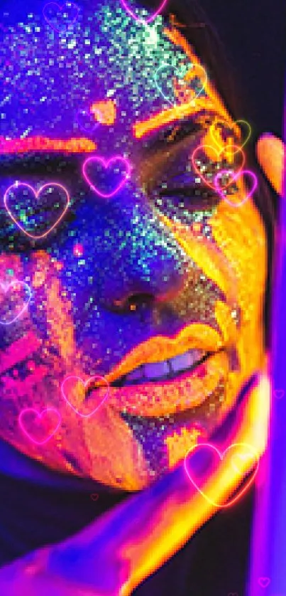 Vibrant neon face art with glowing colors.