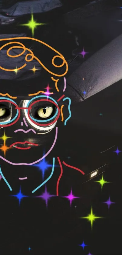Neon face illustration on black car background with colorful sparks.