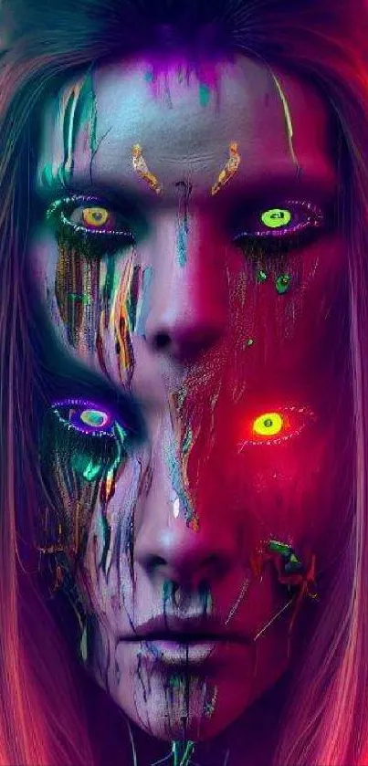 Colorful neon face art wallpaper with vibrant hues and psychedelic design.