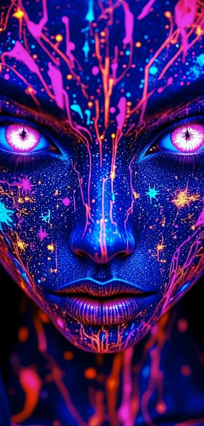 Stunning neon face art with vibrant colors and intricate design.