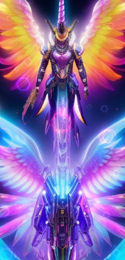 Neon angelic warrior with radiant wings in vibrant colors.