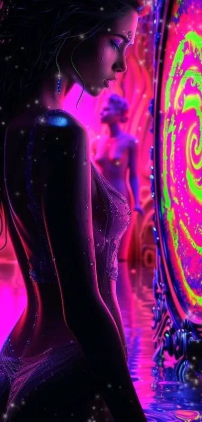 Neon fantasy art with a mystical woman and colorful portal.