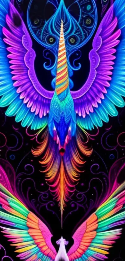 Vibrant neon phoenix with rainbow feathers in a fantasy art design.