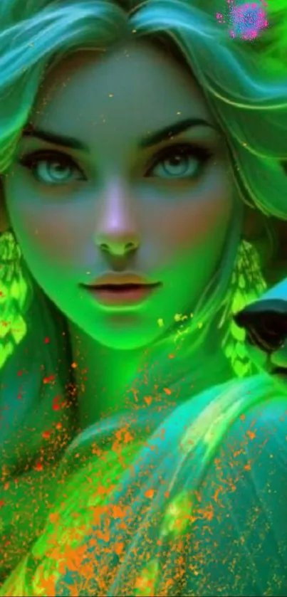 Vibrant neon fantasy art with mystical character and glowing elements.