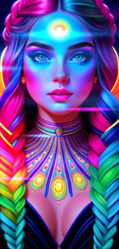 Vibrant neon fantasy art of a braided-hair female character with vivid colors.