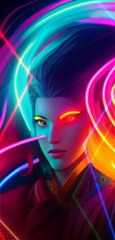 Vibrant neon fantasy art with electric blue and fiery hues.