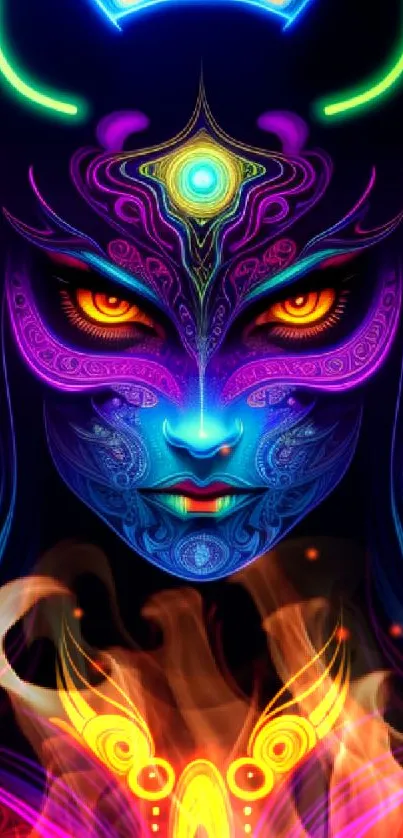 Neon fantasy figure with vibrant design on mobile wallpaper.