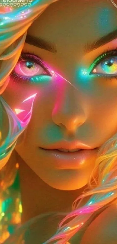 Close-up of a vibrant neon fantasy art with colorful lights and a female character.