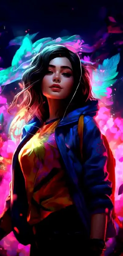 Vibrant neon fantasy art of a woman with colorful surroundings.