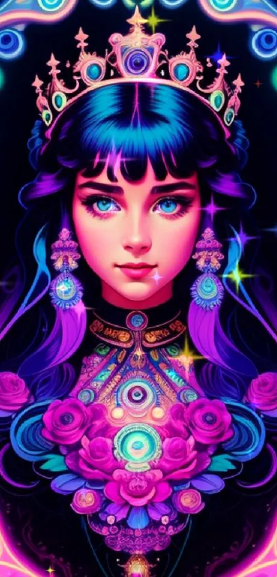 Vibrant neon fantasy woman with crown and colorful jewelry in artistic wallpaper.