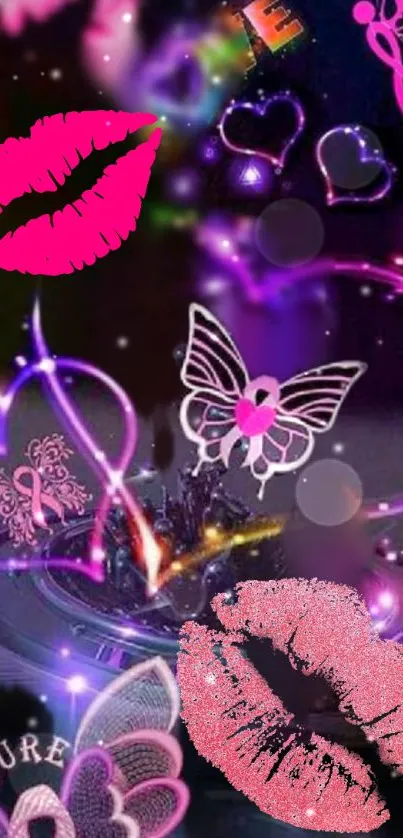 Neon fantasy wallpaper with butterflies, hearts, and lips on a dark background.