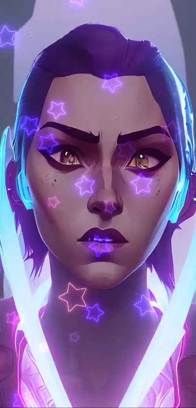 Vibrant artwork of a character surrounded by neon stars.