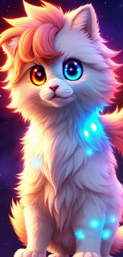 Neon fantasy cat with glowing vibrant colors set against a cosmic backdrop.