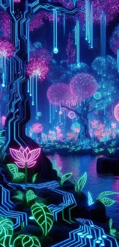 Vibrant neon forest with glowing plants and colorful lights.