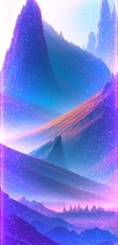 Vibrant neon fantasy landscape with mystical mountains and purple hues.