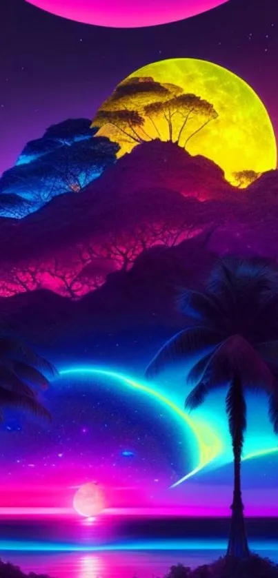 Neon fantasy landscape with glowing moons and vibrant colors.