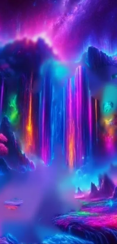 A vibrant neon fantasy landscape with colorful waterfalls and mystical scenery.