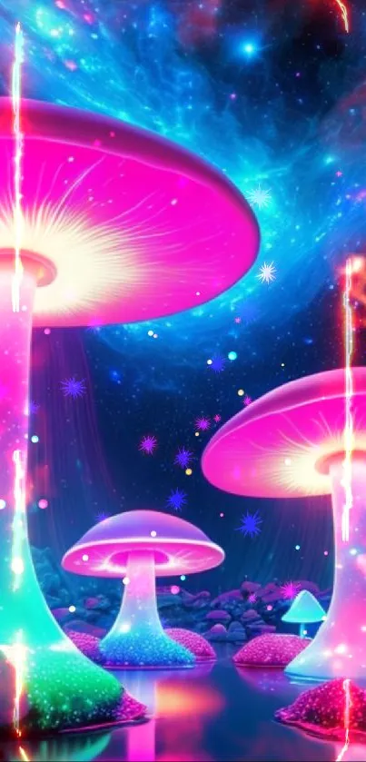 Vibrant neon mushrooms in a cosmic fantasy landscape.