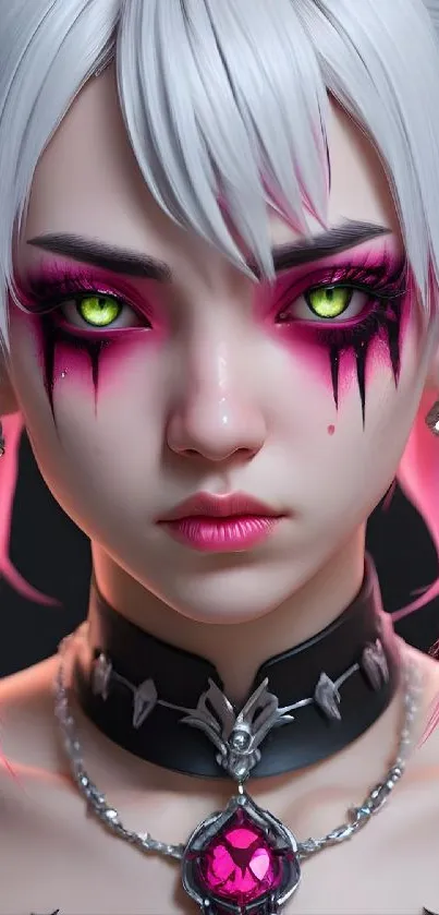 Vibrant neon fantasy portrait with intense gaze.