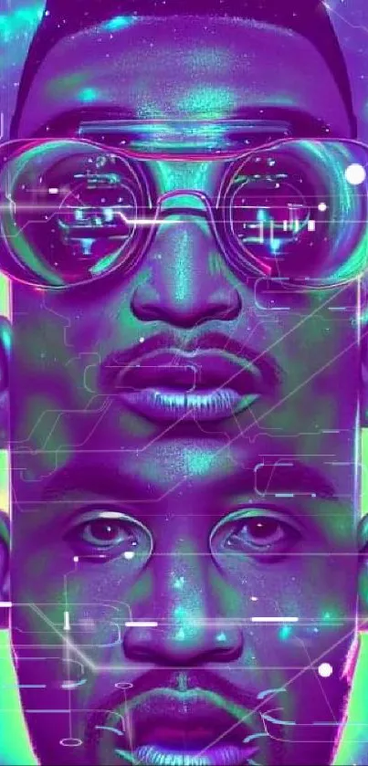 Vibrant neon fantasy portrait with dual faces, glowing effects, and abstract design.