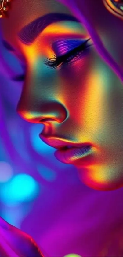 Vibrant neon fantasy portrait with bold colors.
