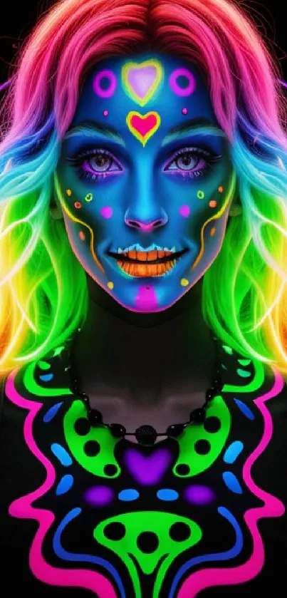 Vibrant neon fantasy portrait with glowing colors.