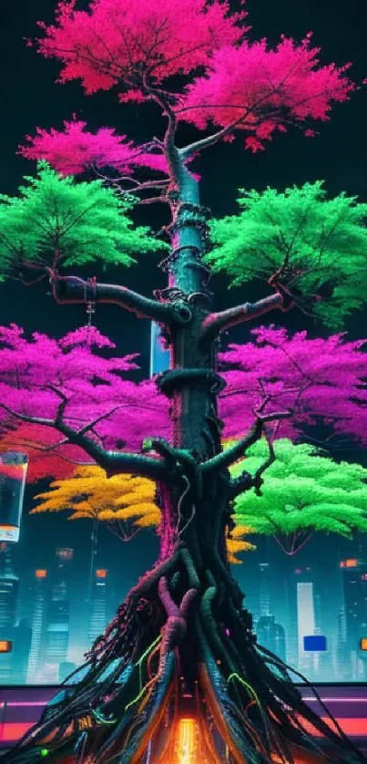 Neon fantasy tree with colorful leaves against a futuristic cityscape.