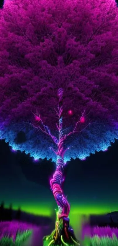 A vibrant neon fantasy tree under a glowing night sky.