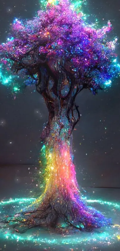 Vibrant neon fantasy tree glowing with colorful aura.