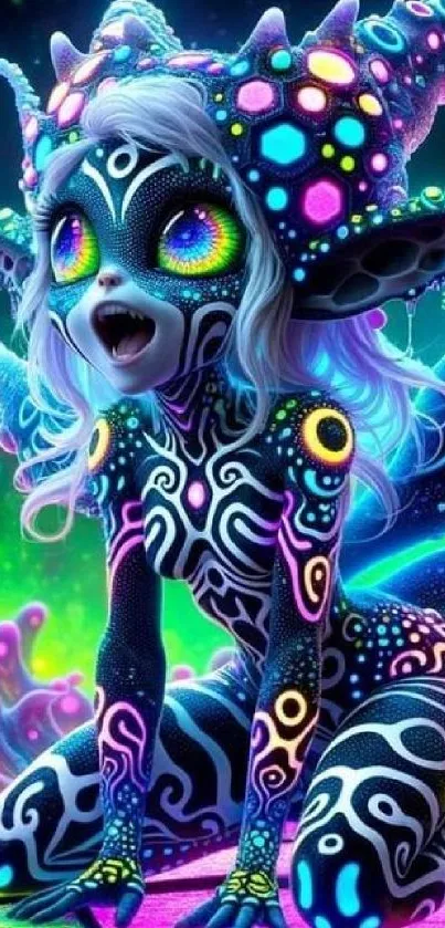 Vibrant neon fantasy creature with intricate patterns.