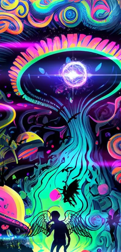 A psychedelic neon mushroom forest wallpaper with vibrant colors and abstract shapes.