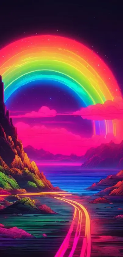 Neon fantasy landscape with a vibrant rainbow.