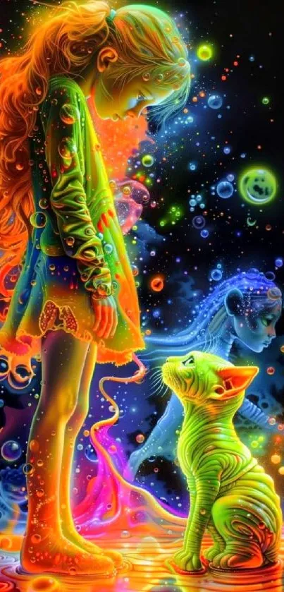 Vibrant neon fantasy scene with abstract and colorful elements.