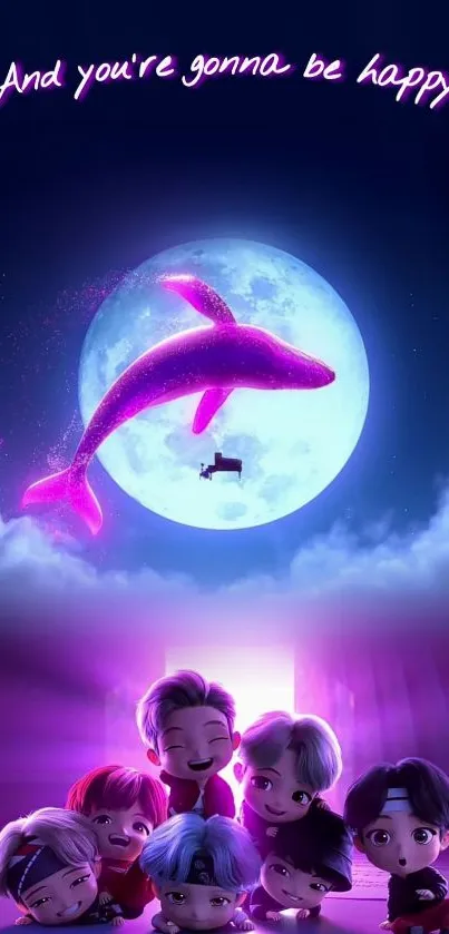 Neon fantasy wallpaper with characters and a purple dolphin.