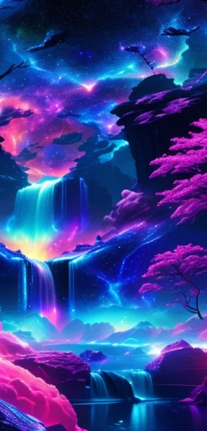 Vibrant neon fantasy waterfall with colorful sky and trees.