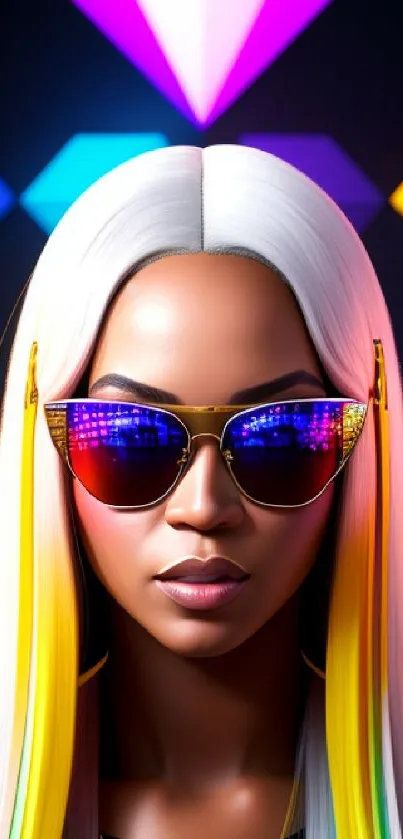 Vibrant neon fashion avatar with colorful sunglasses and bold hair.