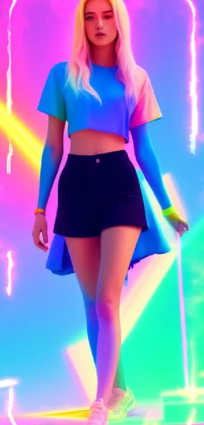 Stylish figure in neon-themed vibrant colors on a futuristic mobile wallpaper.