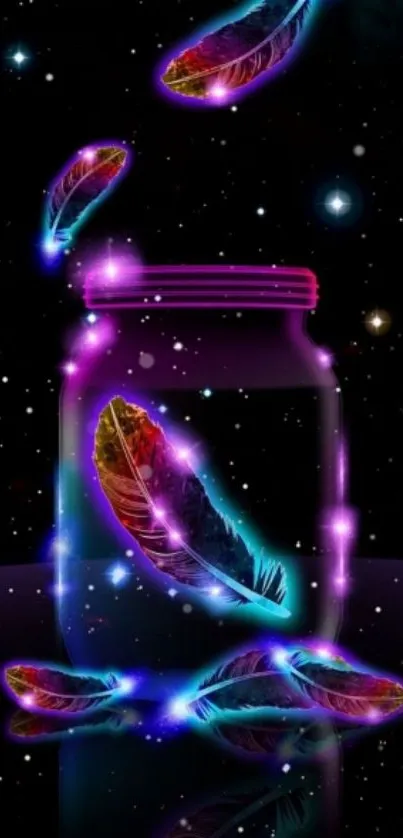 Neon feathers glowing in a jar against a starry background.