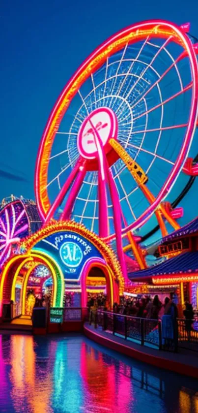 Colorful neon Ferris wheel at night, vibrant and lively with reflections.