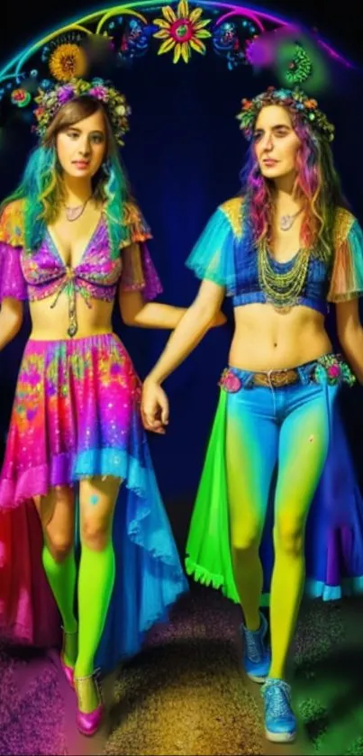 Two women in vibrant neon festival fashion with floral crowns.