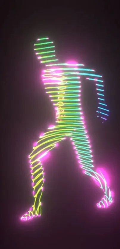 Vibrant neon figure against a dark background, showcasing colorful abstract lines.