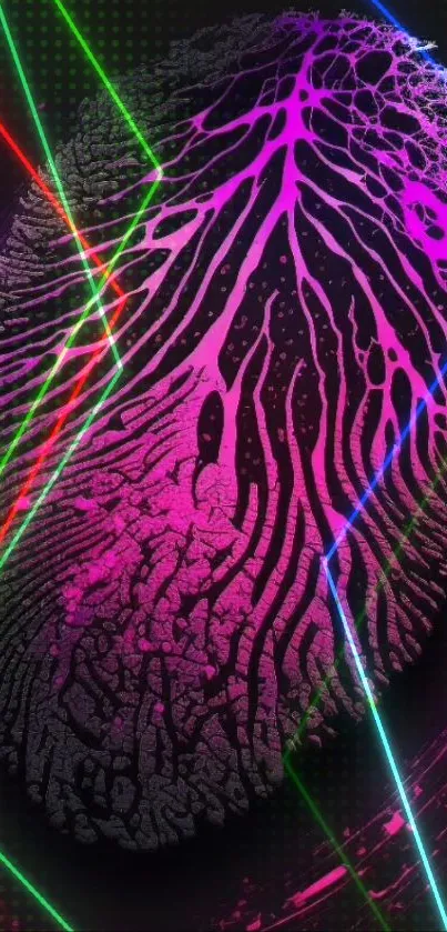 Vibrant neon fingerprint with colorful lines in digital art style.