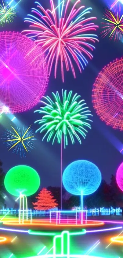 Vibrant neon fireworks display with colorful lights.