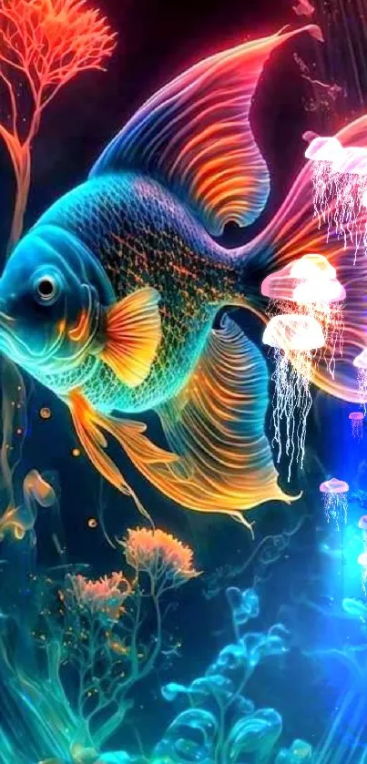 Vibrant neon fish with colorful underwater scene.