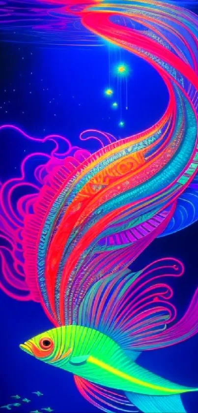 Vibrant neon fish art with dazzling colors on a wallpaper background.