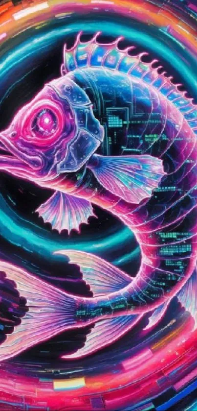 Vibrant neon fish design in futuristic digital art style.